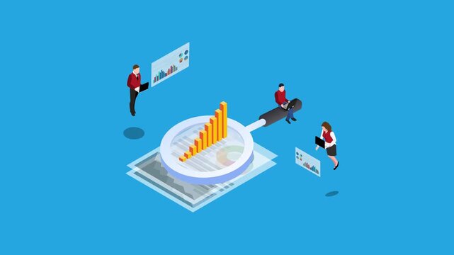 Business Data Analysis and Financial Research Concept with Magnifying Glass and Graphs 3d animation cartoon