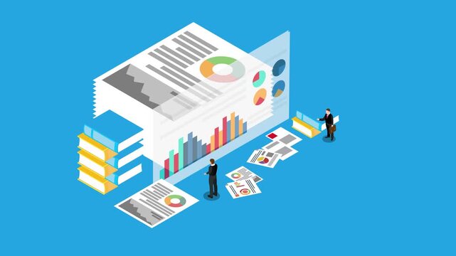 Business Data Analysis Concept with Big Data, Financial Charts, and Professionals 3d animation cartoon
