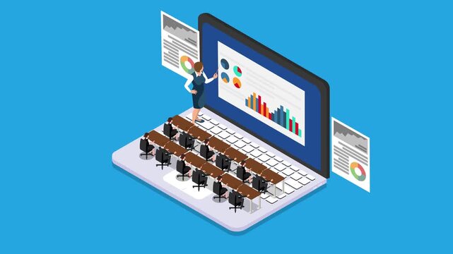 Online Education and Corporate Training Concept with Business People Sitting at Desks on a Laptop Keyboard and Teacher Presenting Financial Data Charts 3d animation cartoon