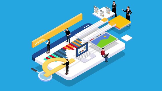 Web Development and Digital Marketing Concept with Data Analytics 3d animation cartoon