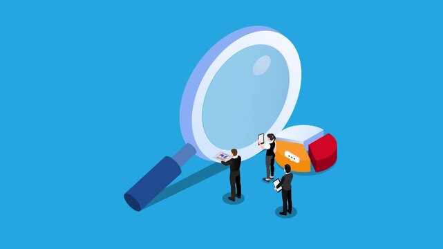 Data Analysis and Business Research Concept with People and Large Magnifying Glass 3d animation cartoon