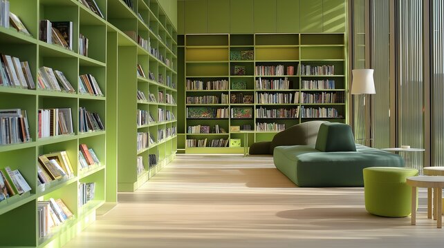 A contemporary library including a sunny reading room, green bookshelves, and a tidy interior