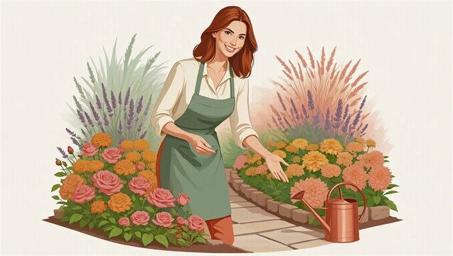 Garden walkway aide tending flowers beside a watering can in a flower bed