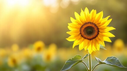 Obraz premium Vibrant Sunflower Field Under Bright Blue Sky, Capturing the Essence of Summer s Joyful Beauty