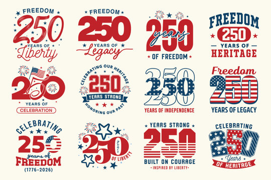USA 250th Anniversary Patriotic Typography Design Bundle. USA 250 years Freedom Badges. 4th of July American Independence Day Celebration Vector Set. United States Birthday T shirts, sticker, label