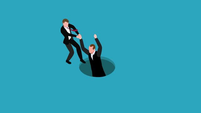 Businessman Helping Colleague Out of Deep Hole 3d animation cartoon