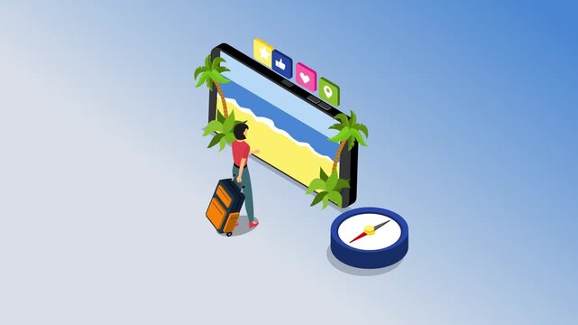 Woman with Suitcase Planning Tropical Vacation via Smartphone App 3d animation cartoon