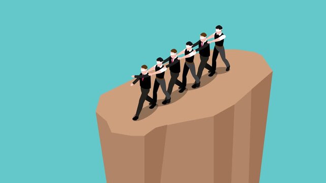 Blindfolded Business Team Walking Towards Cliff Edge 3d animation cartoon