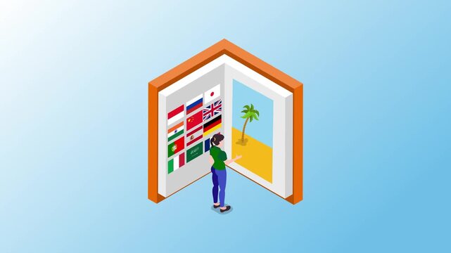 Language Learning and Travel Concept: Isometric Woman Standing Before a Giant Book with World Flags and Tropical Beach Representing Global Education 3d animation cartoon