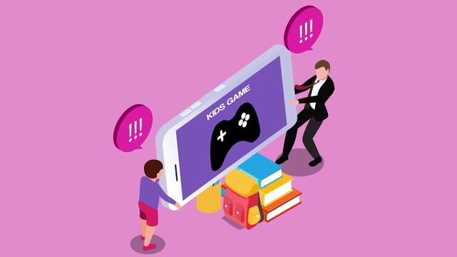 Parental Control and Screen Time Concept: Father Pulling Smartphone Away from Child to Limit Mobile Gaming and Promote Education 3d animation cartoon