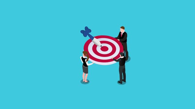 Business Team Holding Large Target with Dart in Bullseye for Goal Achievement Concept 3d animation cartoon
