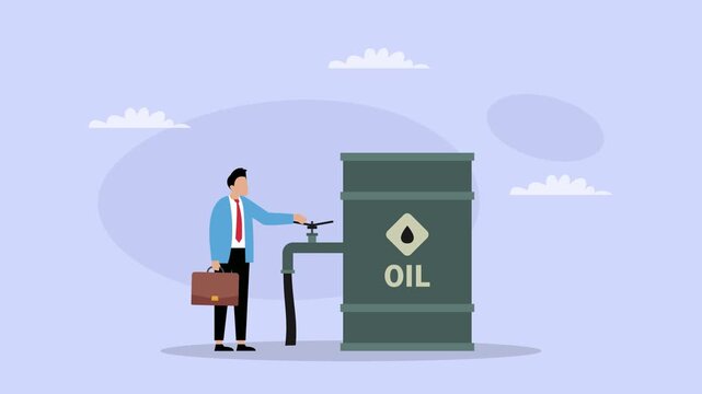 Businessman Turning Valve on Large Oil Barrel to Control Fuel Flow and Global Energy Supply cartoon animation