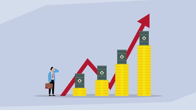 Rising Oil Prices and Energy Inflation Concept with Businessman Looking at Increasing Bar Chart of Gold Coins and Oil Barrels cartoon animation