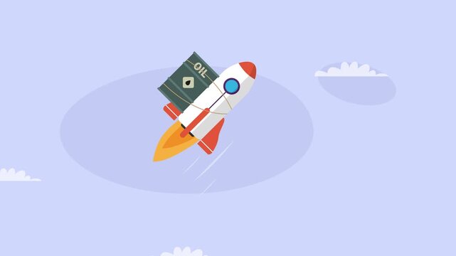 Skyrocketing Oil Prices Concept with Oil Barrel Strapped to a Flying Rocket Launching into the Sky cartoon animation