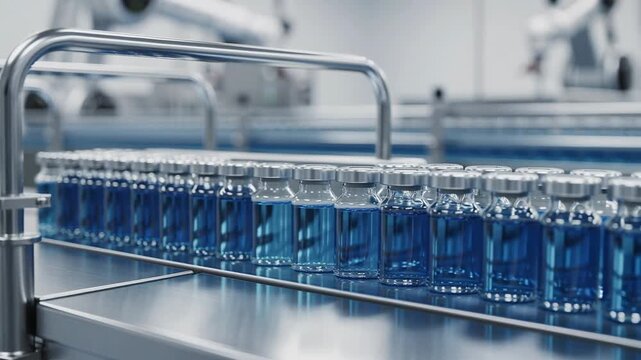 Rows of glass vials filled with blue liquid on a modern pharmaceutical production line in a clean factory