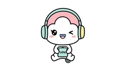 Fototapeta premium Cute cartoon character, colorful headphones, white background, digital illustration, sticker style
