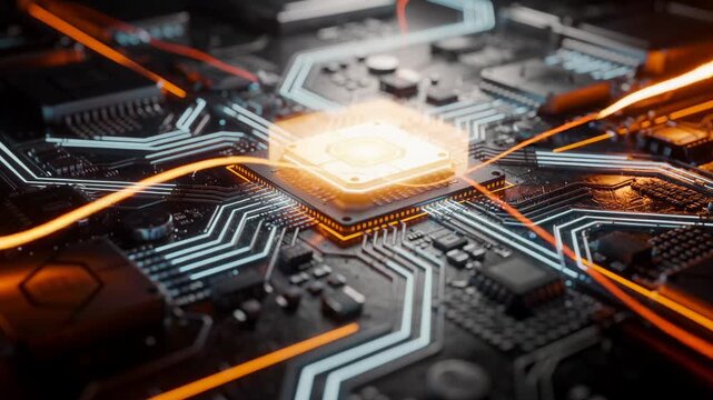Close up of glowing microchip on high tech circuit board with futuristic electronic connections