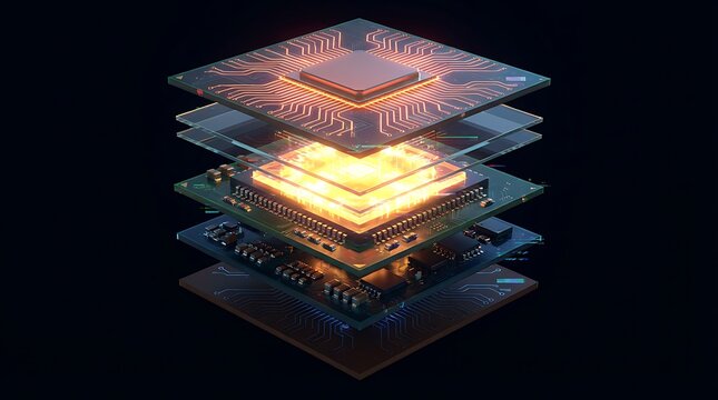 futuristic layered electronic microchip processor diagram showcasing intricate circuitry glowing with orange and yellow light on black background representing advanced technology and innovation.