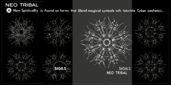 Neo tribal sigils displayed in a black and white symmetrical arrangement