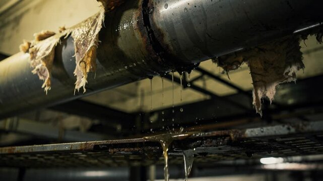 Old leaking rusty industrial pipe with water dripping and damaged insulation in dark factory setting