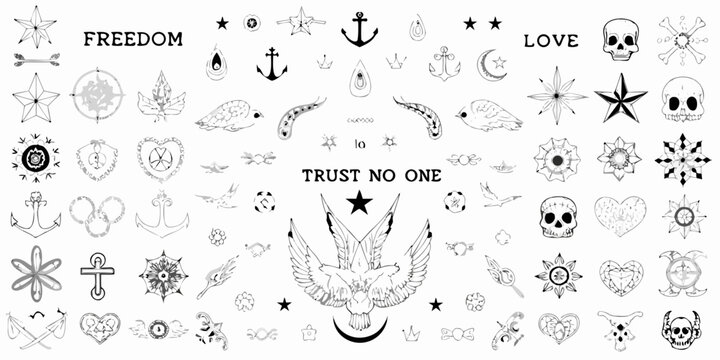 Collection of nautical and symbolic black and white tattoo flash designs