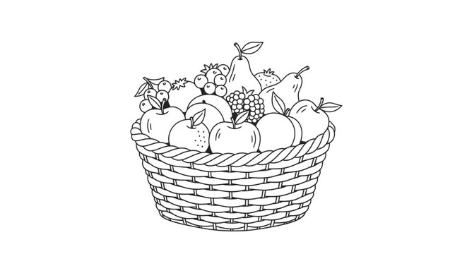 Minimalist black and white vector illustration of a wicker harvest basket, hand drawn woven hamper line art for farm and garden decor.