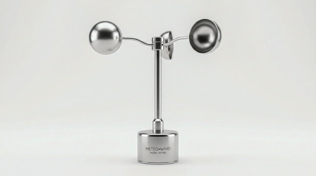 Minimal 3D polished silver wind anemometer on white background