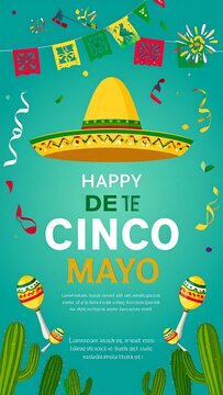 Festive Cinco de Mayo illustration with sombrero, flags and maracas
