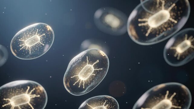 Close up microscopic view of glowing bacteria cells floating in liquid under the microscope