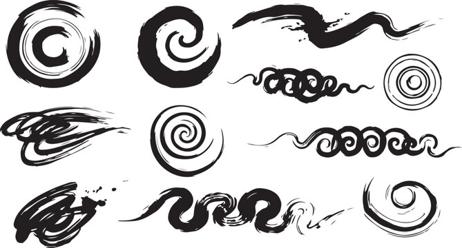Abstract black ink brush strokes create dynamic wavy patterns and artistic swirls with a textured, grunge-like effect, perfect for creative design elements.