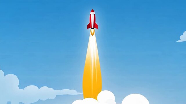 Red rocket ship launching into blue sky with white clouds and bright flames