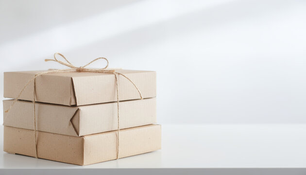 Recycled brown box twine string stack cardboard gift package minimal still life with copy space on white background