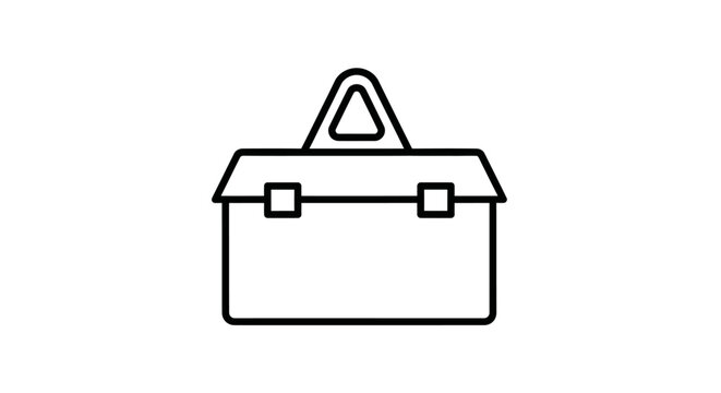 Minimalist black and white vector illustration of a classic metal tool box, portable professional equipment container for repair and construction, isolated on white background.