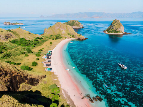 Rare pink sand beach meeting crystal clear turquoise water in Komodo National Park.