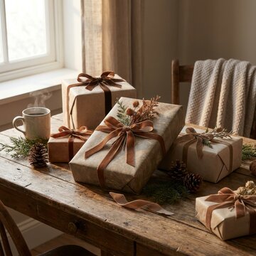 Ein Holztisch mit mehreren verpackten Geschenken