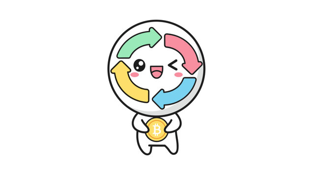 Kawaii crypto mascot character holding bitcoin, cute cartoon robot with colorful recycling arrows, cryptocurrency exchange and digital finance vector