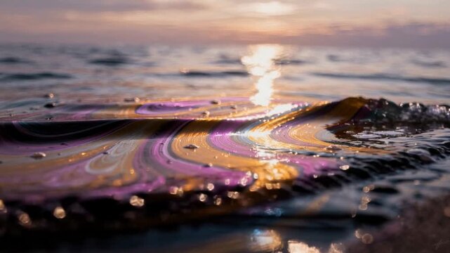 Close-up of colorful oil slick on water surface during sunset with vibrant reflections and natural light