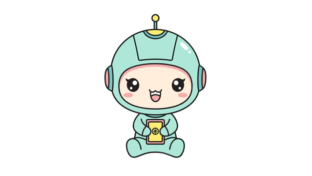 Kawaii astronaut character vector illustration, cute chibi space explorer in mint green suit, happy little cosmonaut mascot for kids branding and stickers