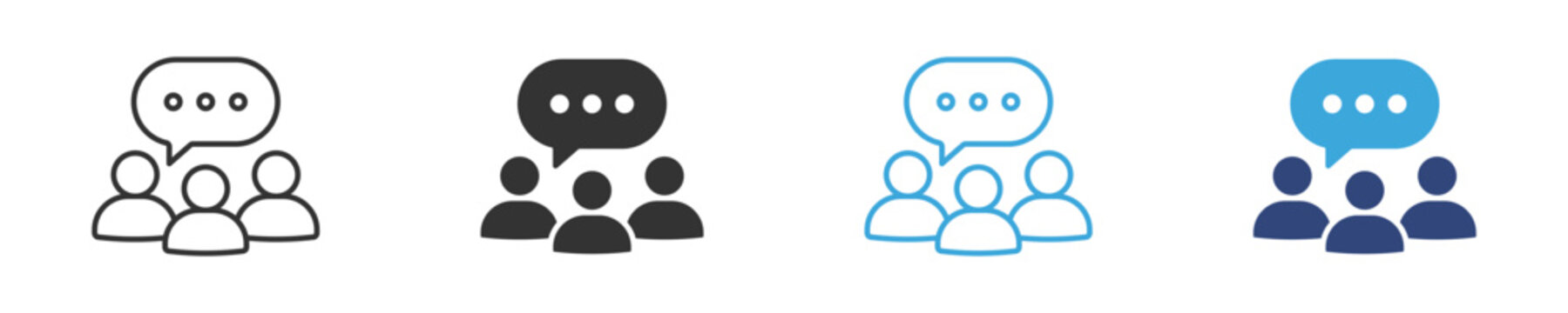Team communication icon set, Group chat icons, User discussion symbols, Community conversation icons, Social interaction vector icons