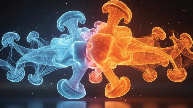 Abstract visualization of molecular interaction with glowing blue and orange shapes in scientific concept