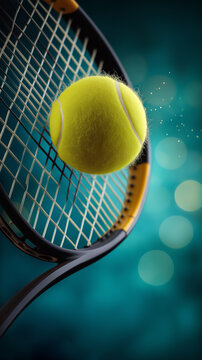 Yellow tennis ball bouncing on a racket with blurred background during a sports event in daytime