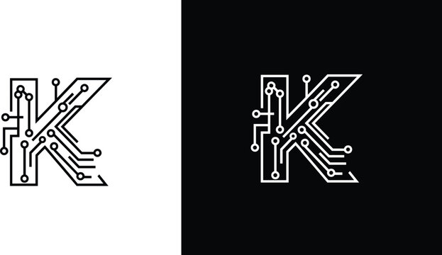 Modern Tech Letter K Logo Design with Circuit Board Lines and Connection Nodes for Electronics Software Engineering and Digital Infrastructure