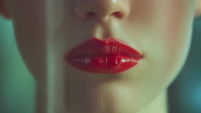 Extreme macro of red lips part opening in dramatic cinematic light