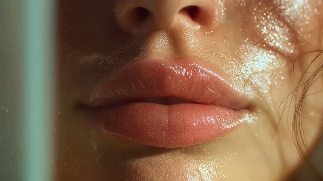Extreme macro of woman natural plump lips and wet glowing skin