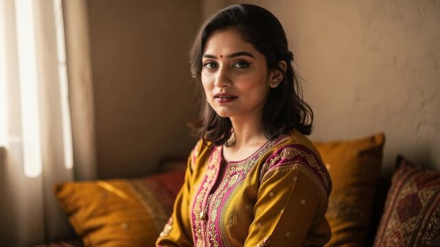Portrait of a young woman in traditional Indian attire sitting indoors with soft natural light