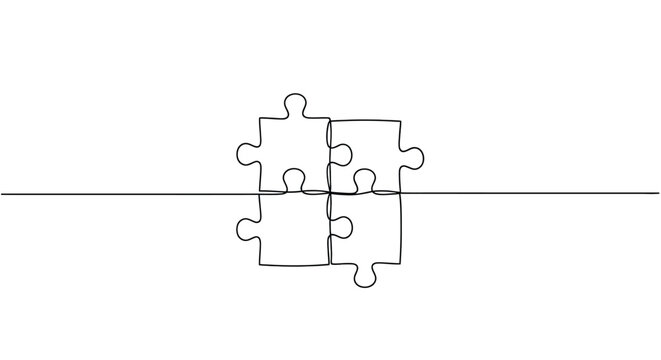 Four connected puzzle pieces in single line drawing style with problem solving