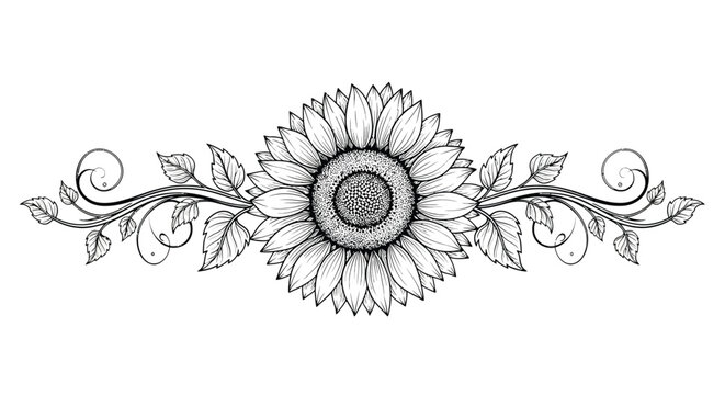 Black and white sunflower with leafy swirls   elegant decorative element