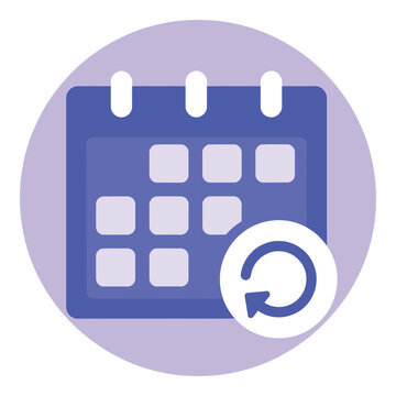 Blue calendar icon with refresh arrow on purple background icon