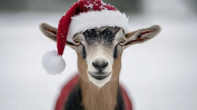 Festive Goat Portrait in a Snowy Meadow with a Santa Hat for a Joyful Winter Holiday Celebration