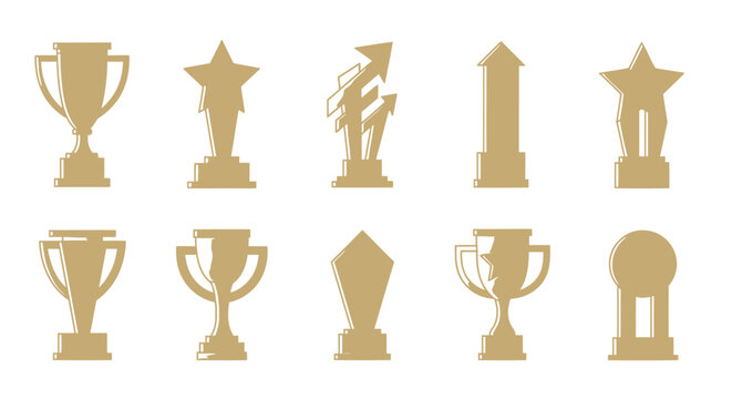 Golden trophies and awards icons set.
